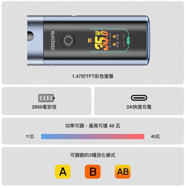 【小煙主機】Aspire Fluffi PRO 40W 酪梨妹妹 PRO主機 套組 1.47” 全彩大螢幕 可調瓦數 大電量 2800mAh 油倉3.5ML (新品到貨)
